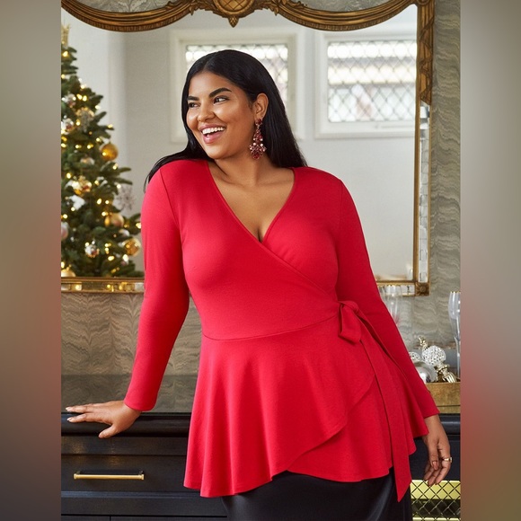 New Eloquii 18 Red V Neck Peplum Wrap Top Stretch Ponte Knit Tie Close Plus Size - Picture 8 of 11